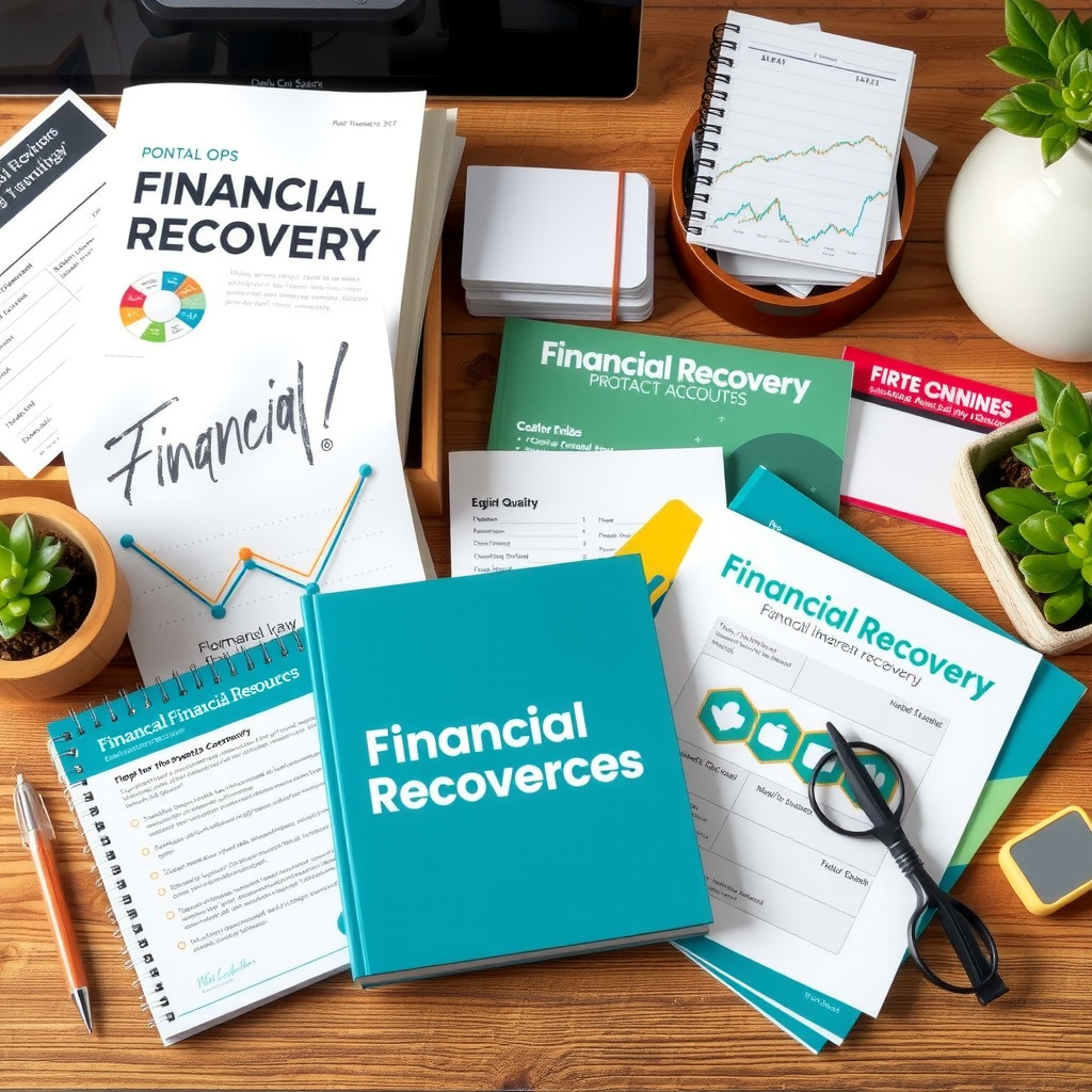 Collection of financial recovery resources including guides, tools, and educational materials organized on a professional workspace