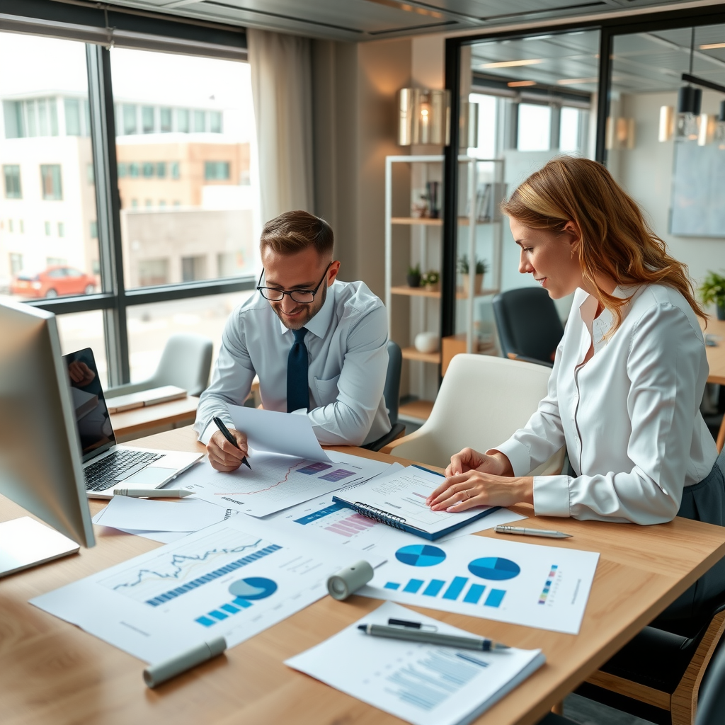 Professional financial advisors collaborating on recovery strategies with charts and documents on a modern office desk