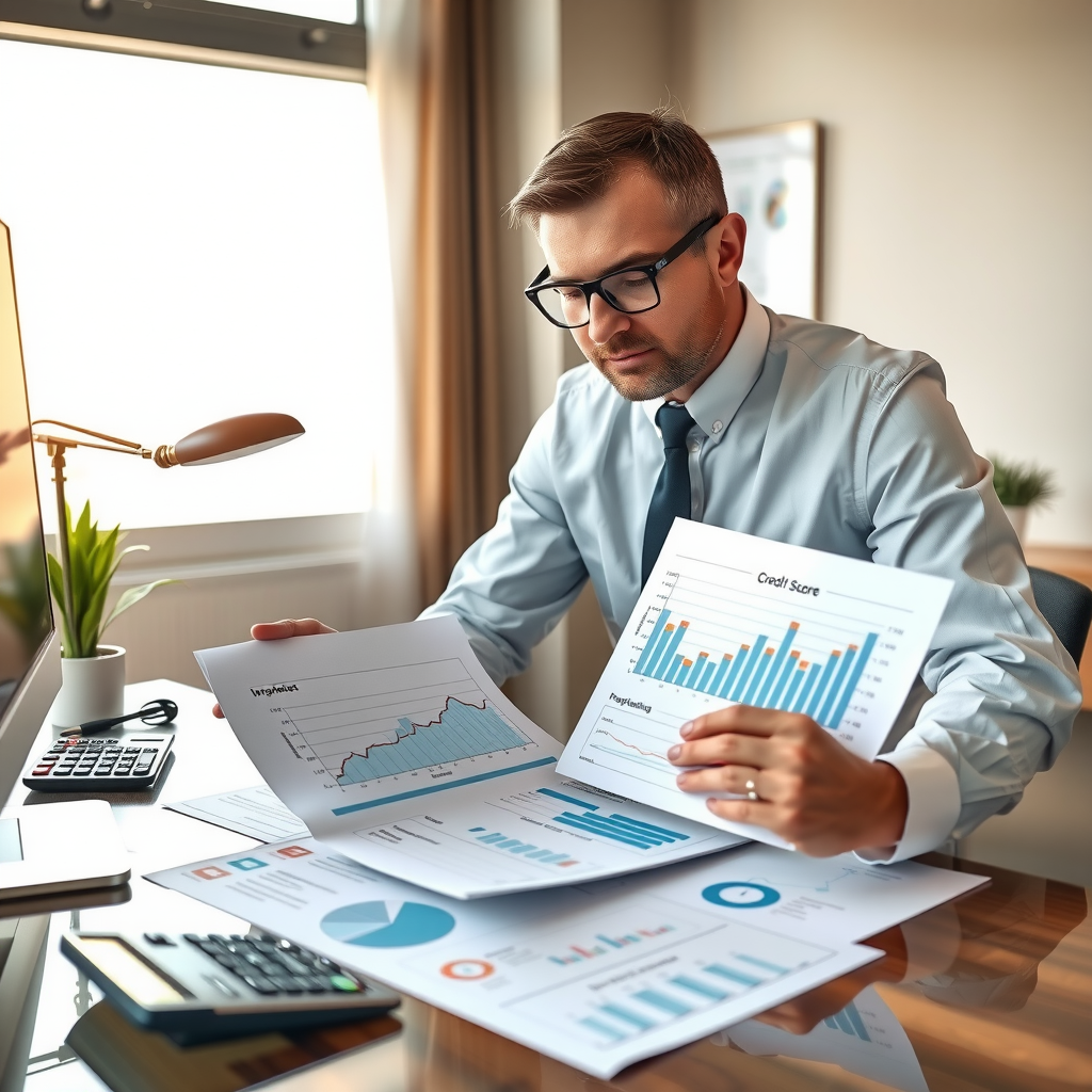 Professional financial advisor reviewing credit reports with charts and graphs showing credit score improvement trajectory, calculator and documents on modern desk with soft natural lighting