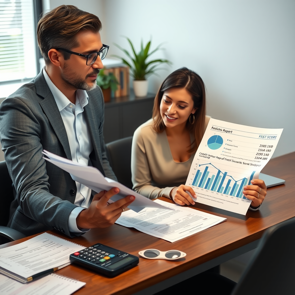 Professional financial advisor reviewing credit reports and recovery strategies with client, showing graphs of credit score improvement over time, modern office setting with documents and calculator on desk