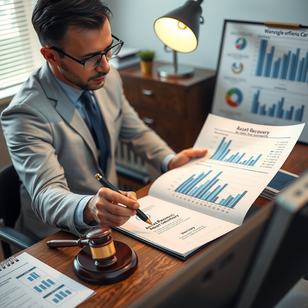 Professional financial advisor reviewing asset recovery documents and legal frameworks with charts and graphs displayed on desk, representing systematic approach to financial restoration