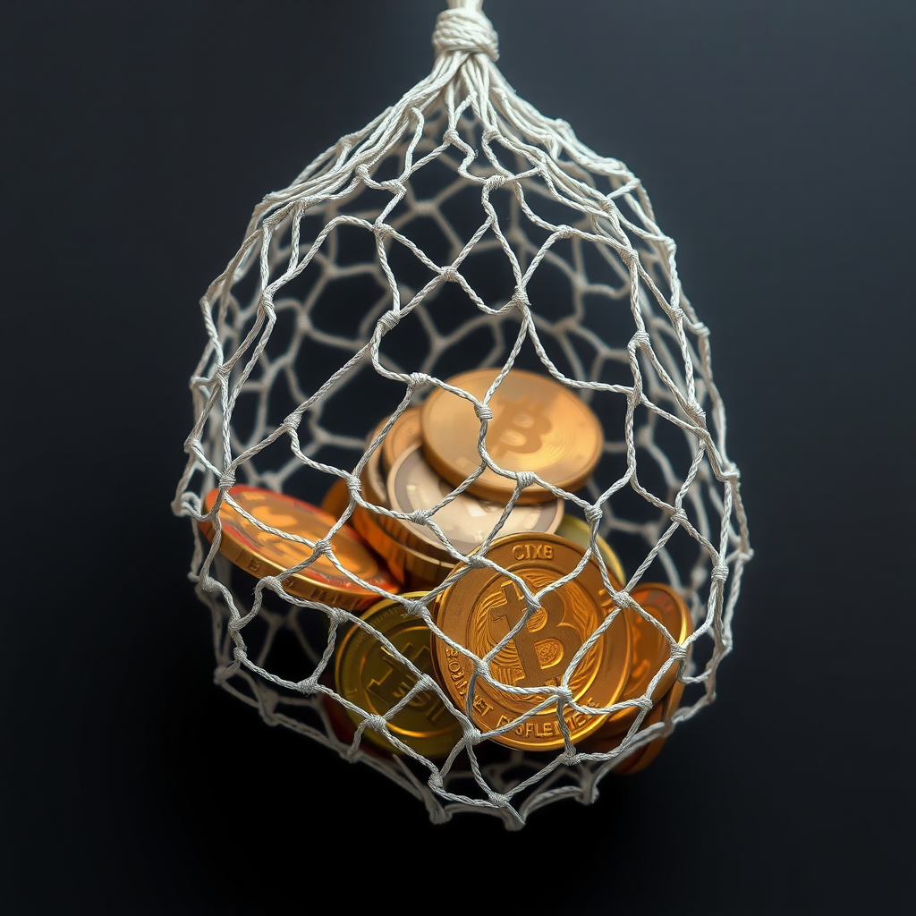 Professional illustration showing a protective financial safety net with coins and currency symbols being caught in a secure mesh, representing emergency fund protection against financial uncertainty