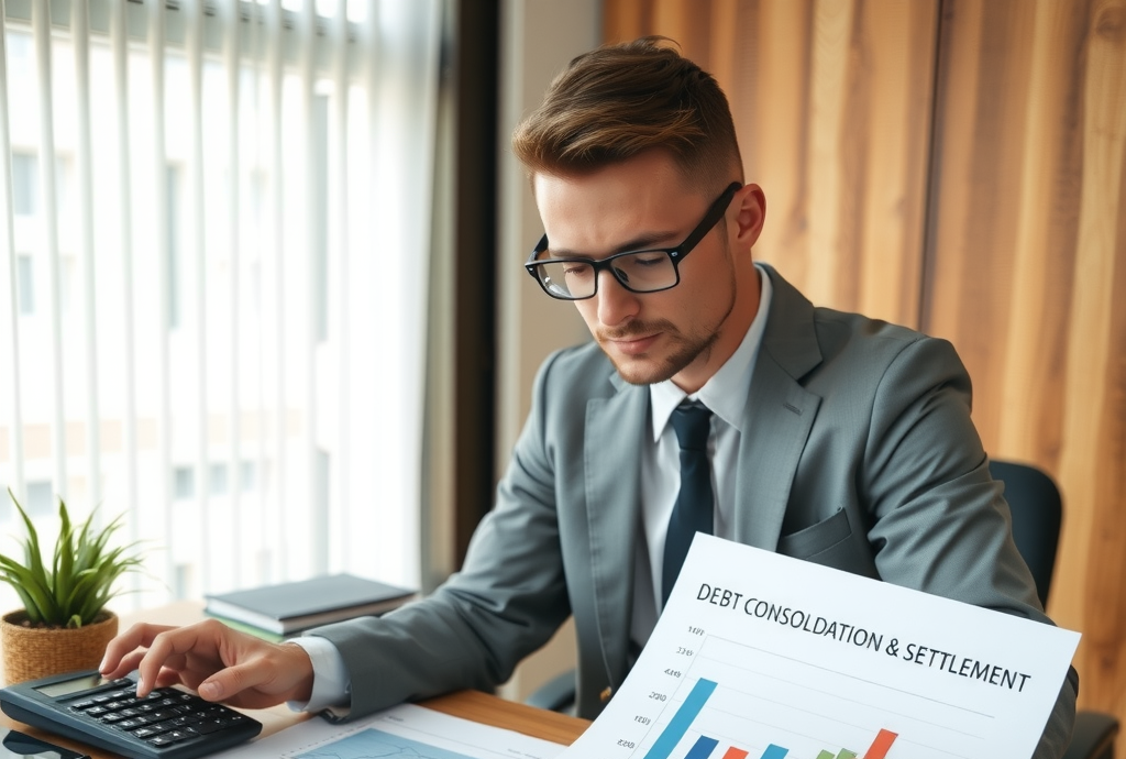 Professional financial advisor reviewing debt consolidation and settlement documents with calculator and charts on desk, representing strategic financial planning and debt resolution options