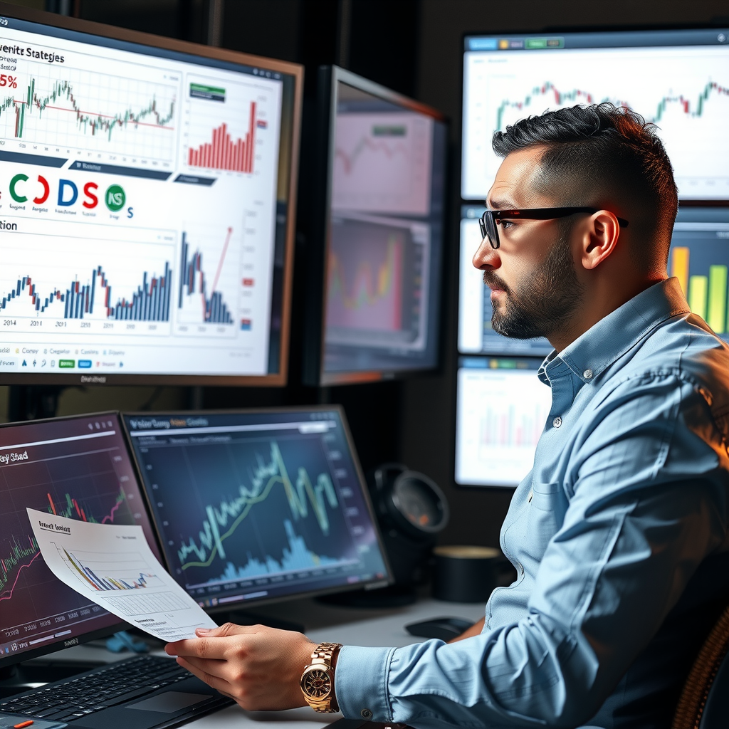 Financial expert analyzing recovery strategies with detailed charts and graphs on multiple screens