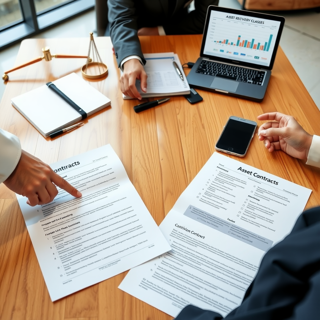 Legal documents and contracts spread on conference table with professional hands pointing at asset recovery clauses, briefcase and laptop showing financial records in modern office setting