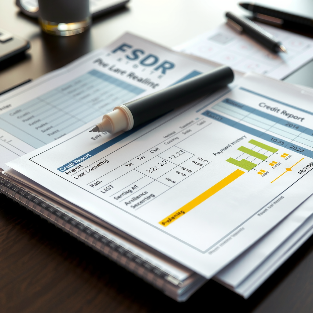 Detailed credit report document spread on desk with highlighter marking important sections, showing credit score breakdown, payment history timeline, and account status indicators, professional business environment