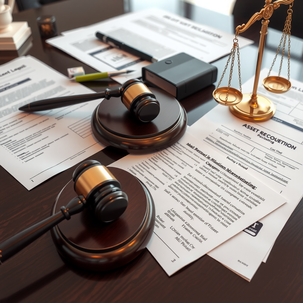 Legal documents spread on conference table including asset recovery claims, court filings, and bankruptcy proceedings paperwork with gavel and scales of justice symbolizing legal framework