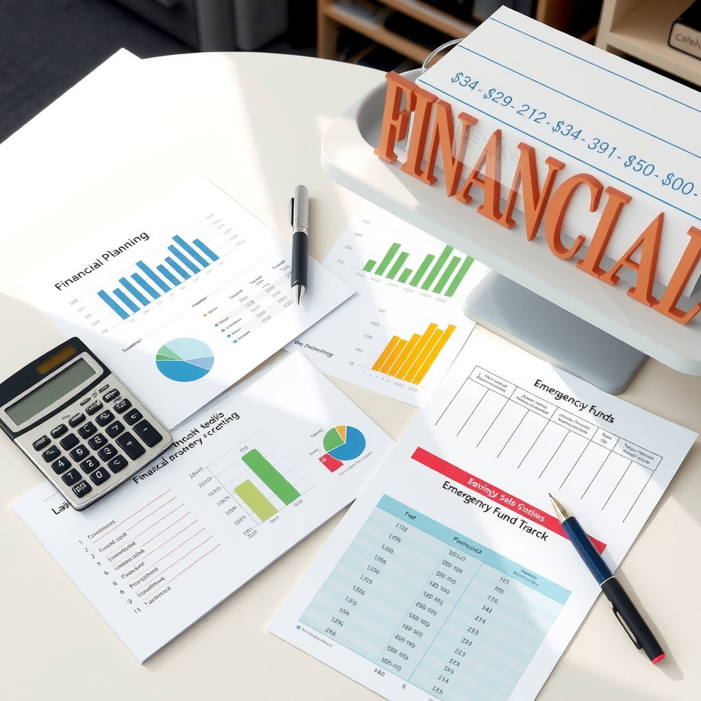 Modern workspace showing financial planning materials including calculator, budget spreadsheets, savings goal charts, and emergency fund tracking documents spread across a clean desk with natural lighting