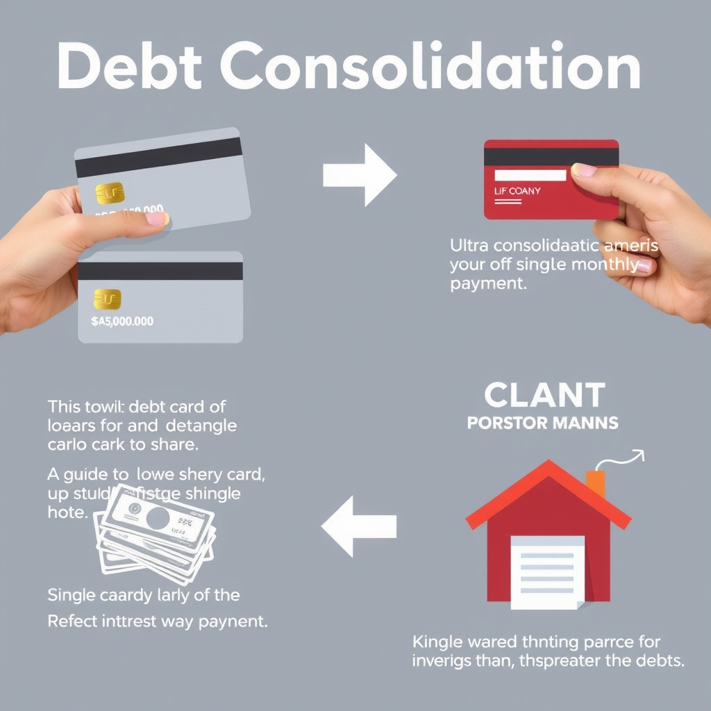 Infographic showing debt consolidation process with multiple credit cards and loans being combined into single monthly payment with lower interest rate, illustrated with arrows and financial icons