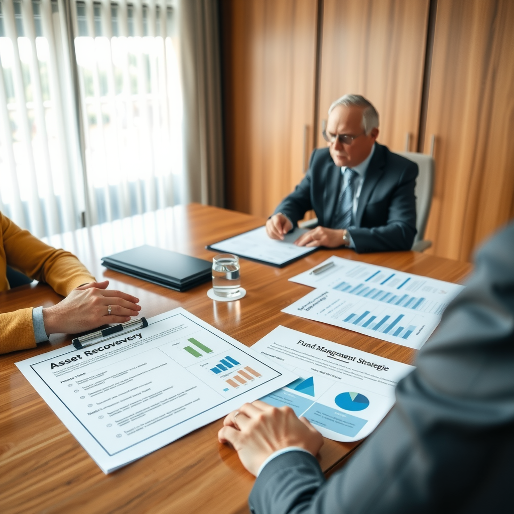 Professional consultation showing asset recovery documentation and fund management strategies on a conference table