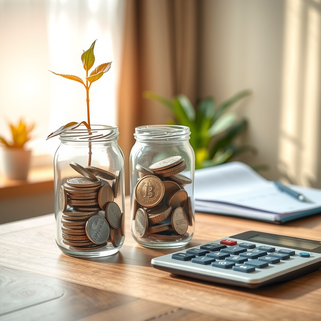 Glass jar filled with savings and coins next to growing plant symbolizing financial growth, calculator and budget planner on wooden desk with soft morning light creating hopeful atmosphere