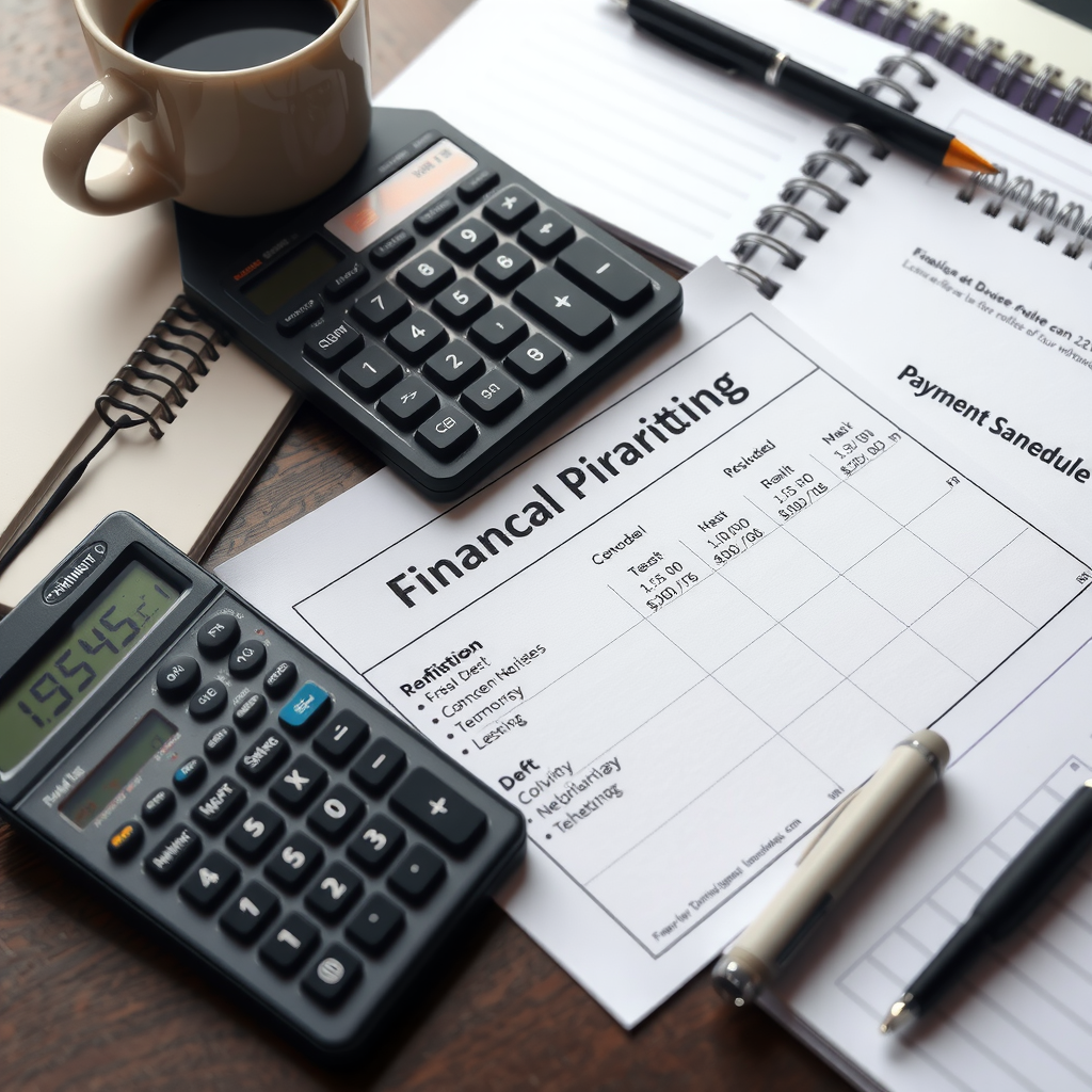 Financial planning workspace with calculator, budget spreadsheet showing debt prioritization, payment schedule calendar, and negotiation notes, organized desk with coffee cup and pen