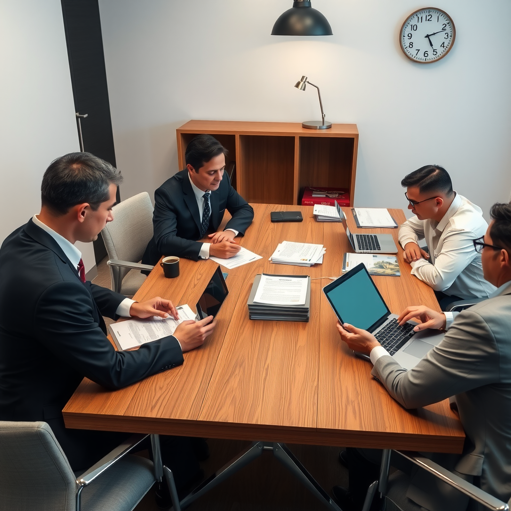 Professional negotiation meeting with financial advisors and legal representatives discussing asset recovery settlement terms across conference table with documents and laptops