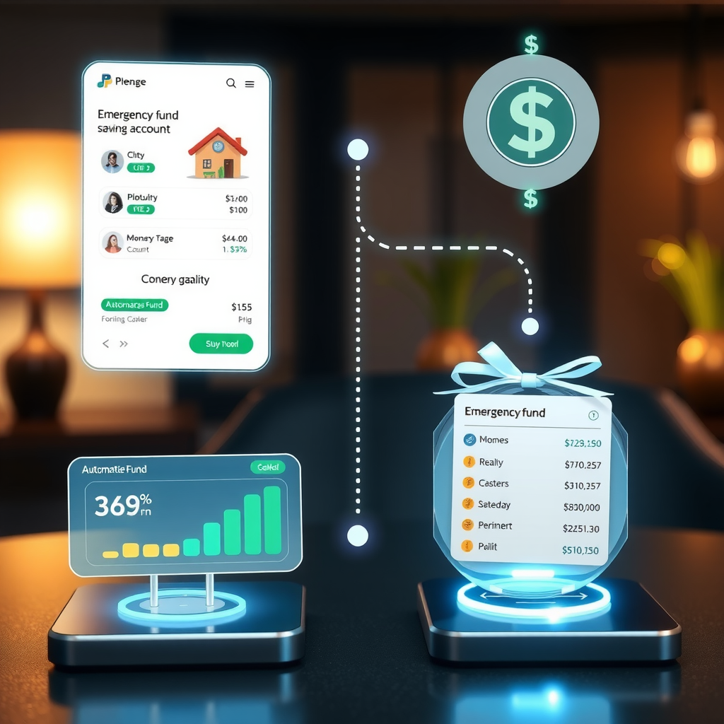 Digital illustration of automated savings technology showing money automatically flowing from checking account to emergency fund savings account through scheduled transfers, with progress bars and financial dashboard displays