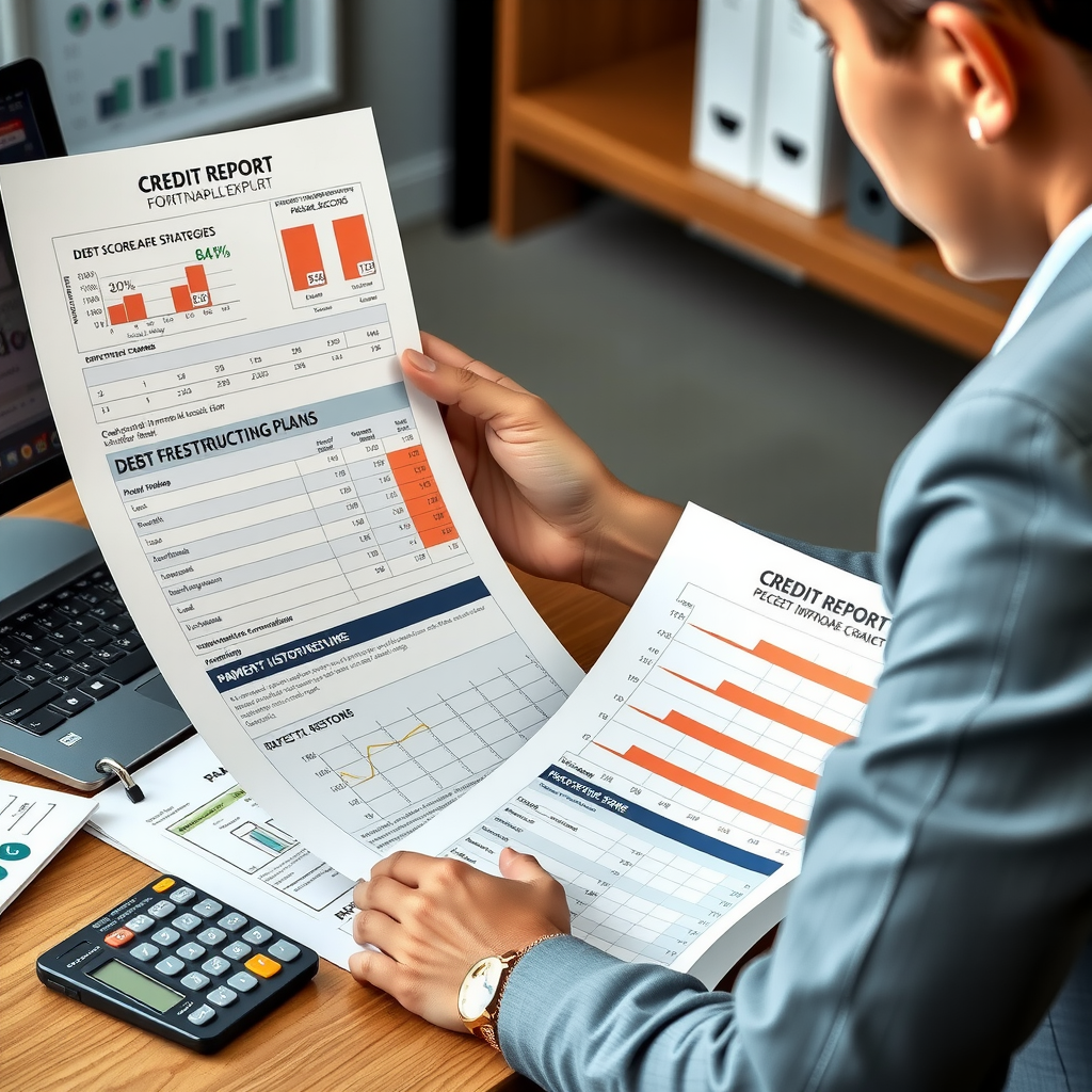 Professional financial advisor reviewing detailed credit report documents with highlighted sections showing credit score improvement strategies, debt restructuring plans, and payment history analysis on a modern desk with calculator and laptop