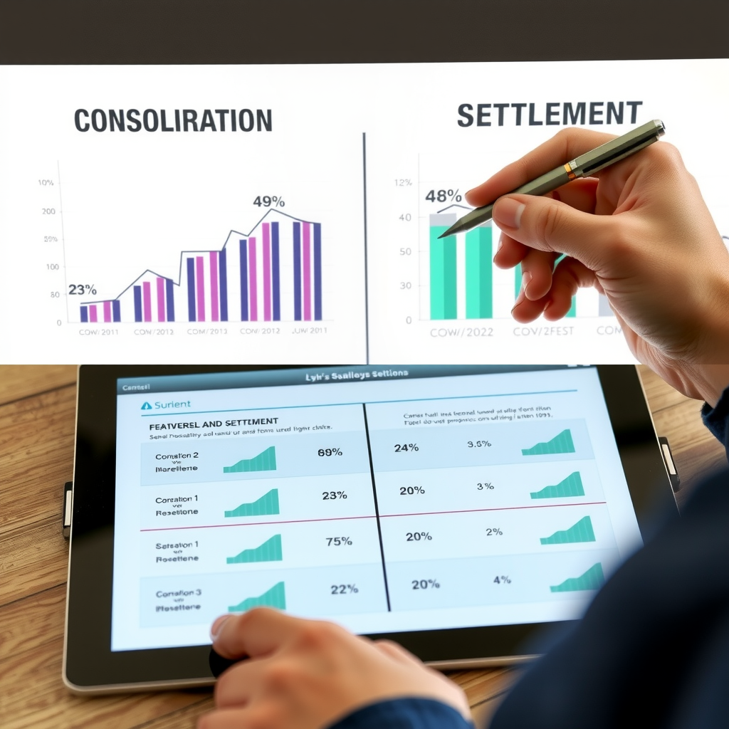 Split screen comparison chart showing consolidation versus settlement options with financial graphs, percentage symbols, and professional hands holding pen over decision matrix on modern tablet