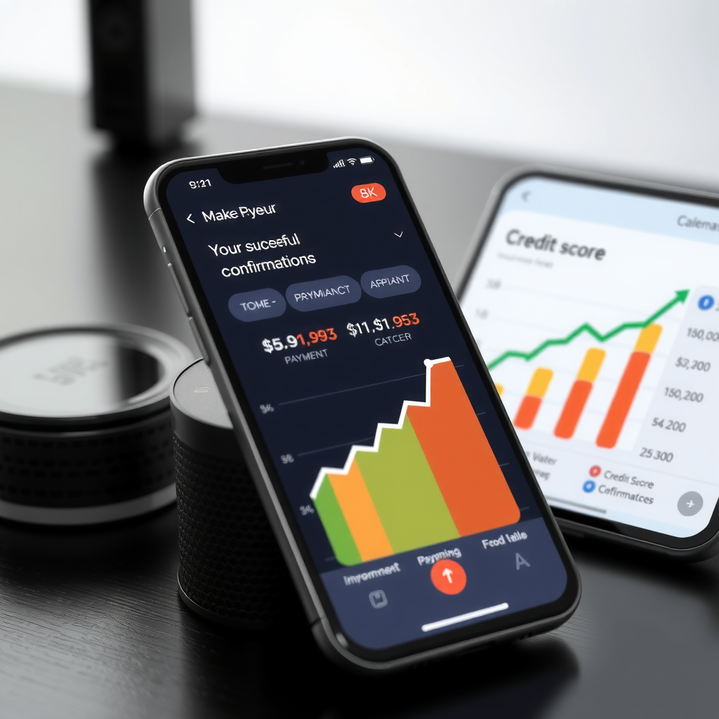 Mobile banking app showing successful payment confirmations, calendar with payment dates marked, credit score improvement graph trending upward, smartphone on desk with financial tracking dashboard