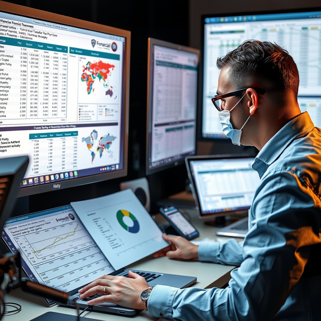 Financial forensic analyst examining transaction records and bank statements on multiple computer screens showing fund flow diagrams and asset tracing charts for recovery investigation