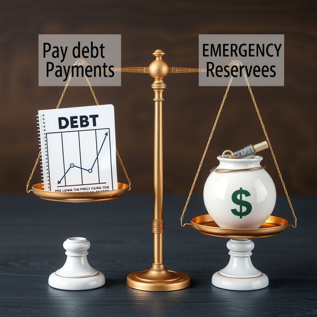 Conceptual image showing balanced scales with debt payments on one side and emergency savings on the other, representing the strategic balance needed between paying down debt and building financial reserves