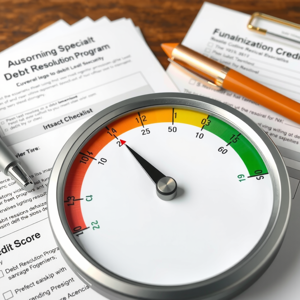 Credit score gauge showing different ranges from poor to excellent, with financial documents and qualification checklist for debt resolution programs in background