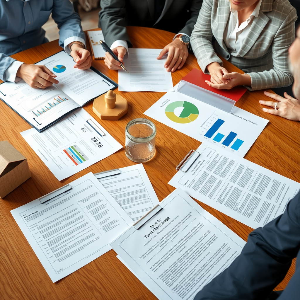 Legal documents and property deeds spread on conference table with professional team discussing asset recovery strategies, including negotiation frameworks, evidence documentation, and systematic retrieval methodologies with charts and graphs