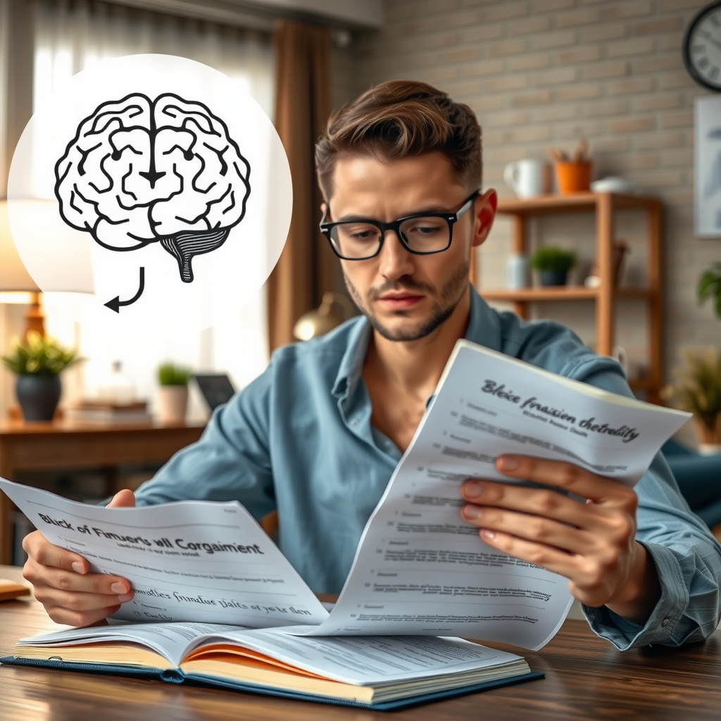 Thoughtful person reviewing financial documents with brain illustration overlay showing cognitive patterns, notebook with behavioral notes, and peaceful workspace environment promoting mindful decision-making
