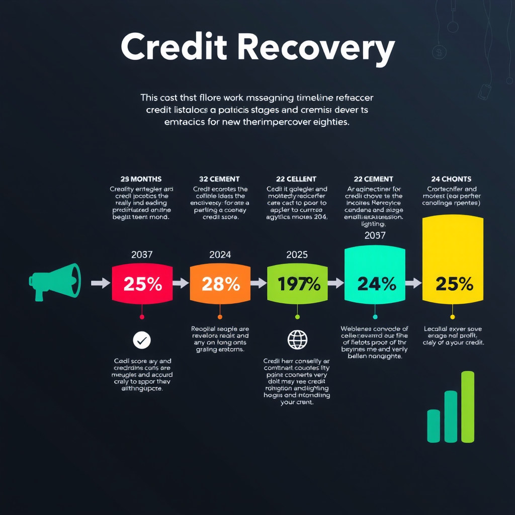 Infographic showing credit recovery timeline with milestones, credit score progression chart from poor to excellent over 24 months, key achievement markers and improvement stages illustrated with icons and graphs