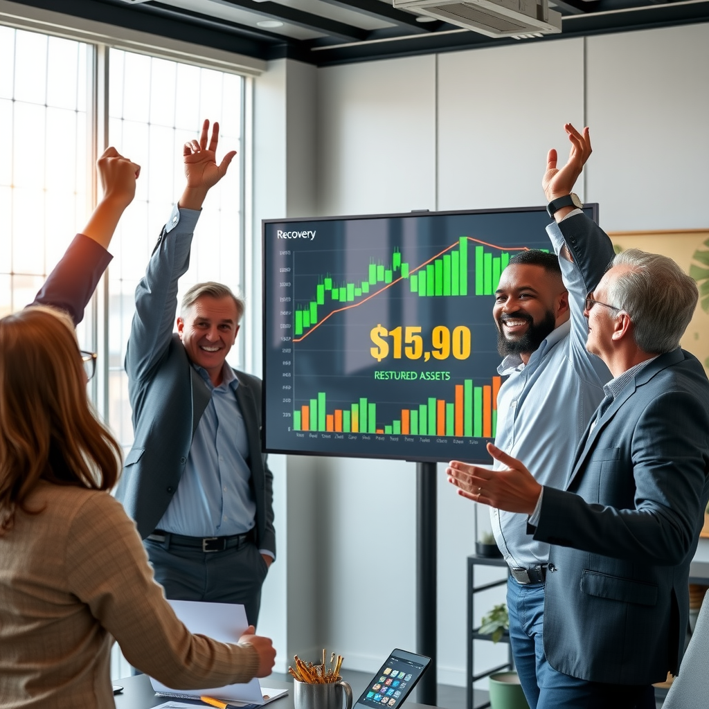 Business executives celebrating successful asset recovery with financial charts showing restored funds and recovered assets displayed on presentation screen in modern office