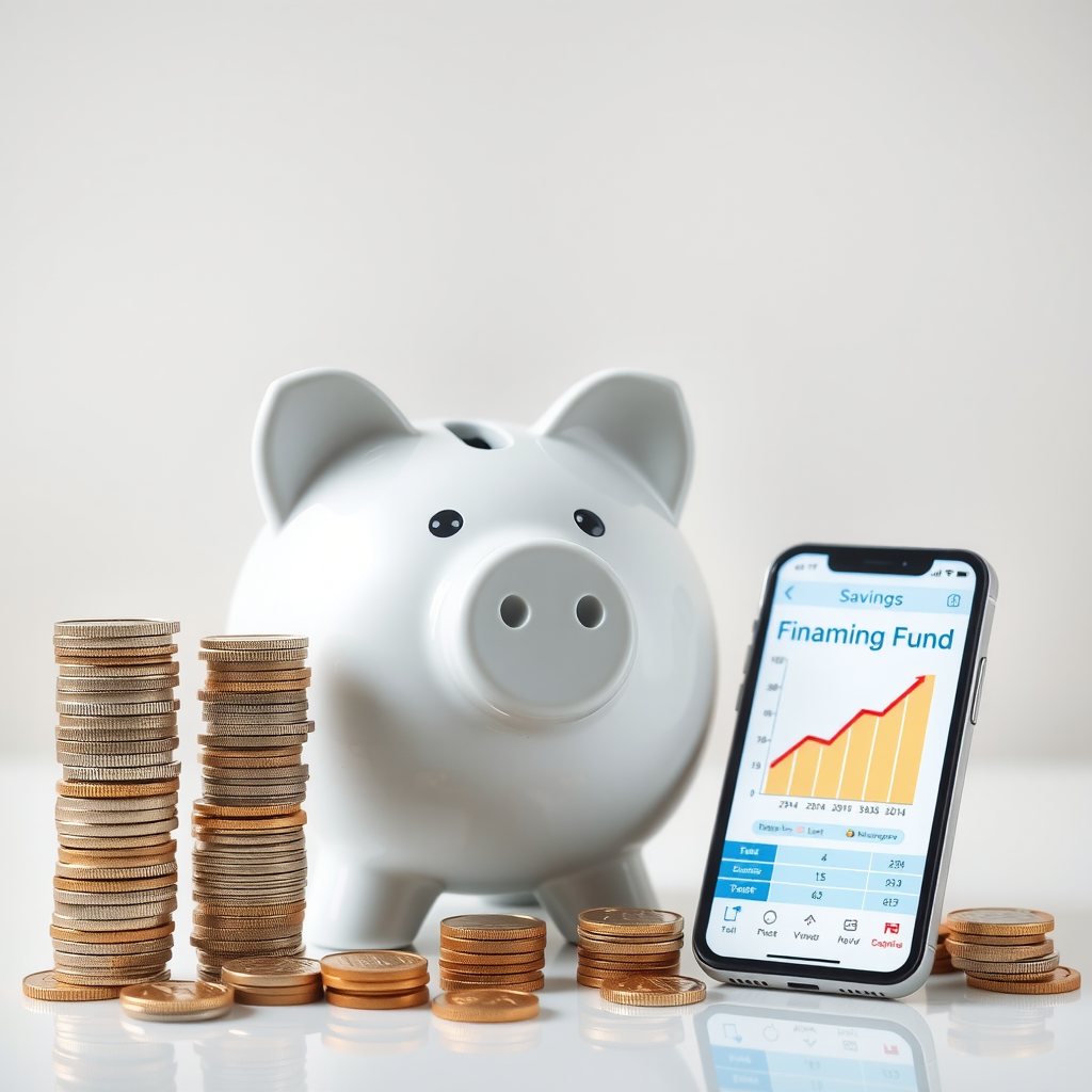 Modern piggy bank and growing stacks of coins with financial planning charts showing automated savings systems, liquidity reserves, and emergency fund growth trajectories with calculator and smartphone displaying savings app