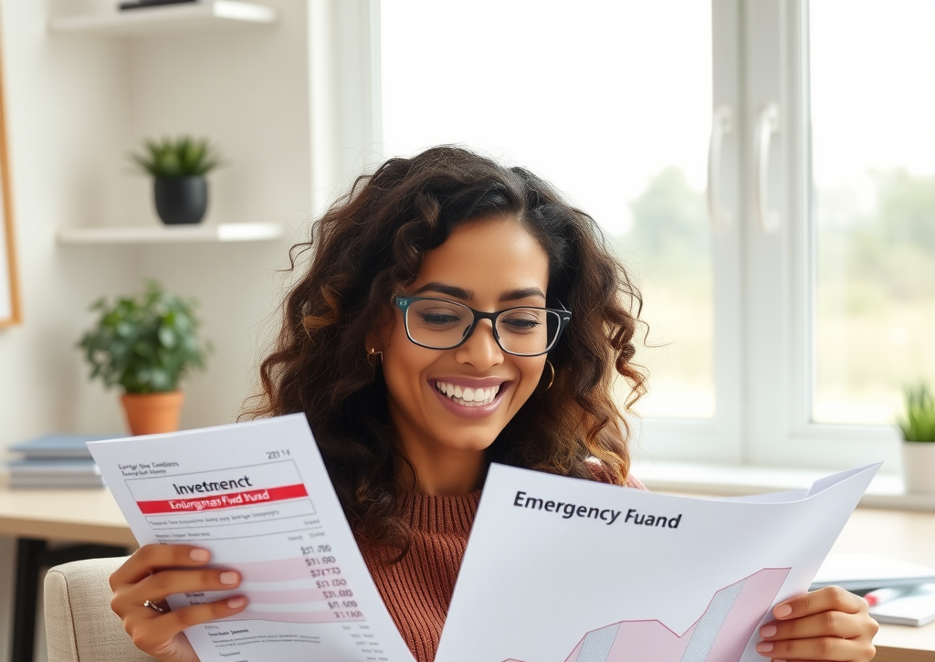 Happy person reviewing positive financial statements, emergency fund savings account statement, investment portfolio showing growth, organized financial documents in folders, bright home office setting