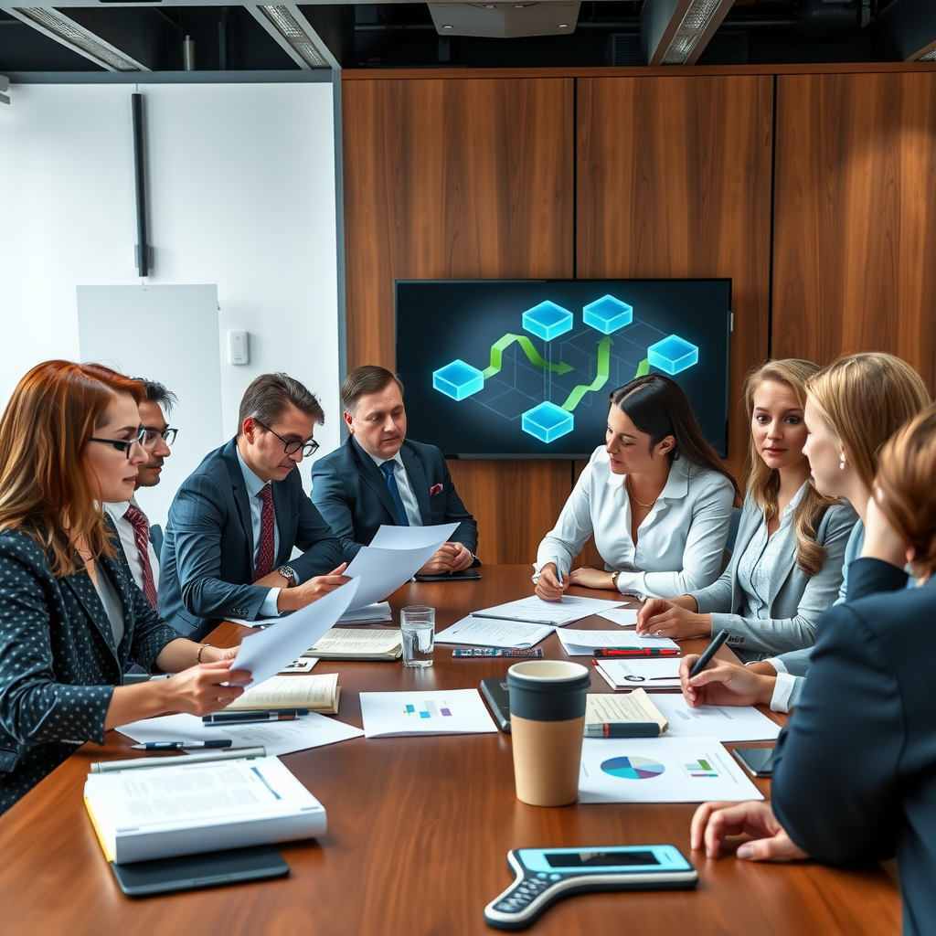 Diverse team of financial recovery professionals including attorneys, forensic accountants, and investigators collaborating around conference table with documents and digital displays