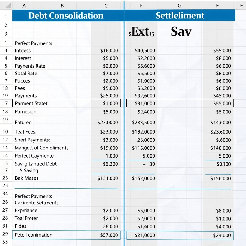 Financial spreadsheet showing detailed cost comparison between debt consolidation and settlement options, including interest rates, fees, total payments, and savings calculations with bar graphs