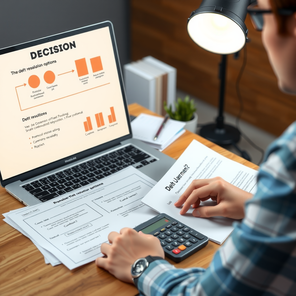 Person reviewing financial documents and using laptop to compare debt resolution options, with decision-making flowchart and calculator visible on desk representing careful evaluation process
